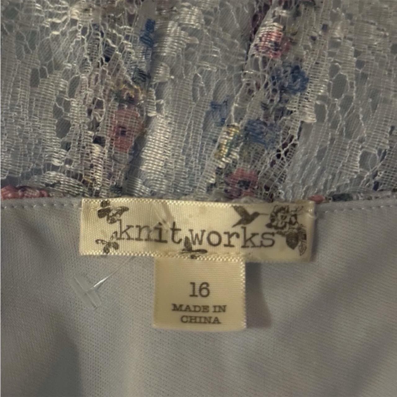 KNITWORKS Baby Blue & Pink Floral Sleeveless Shirred Lace Trim Mini Dress XL - Thumbnail 4