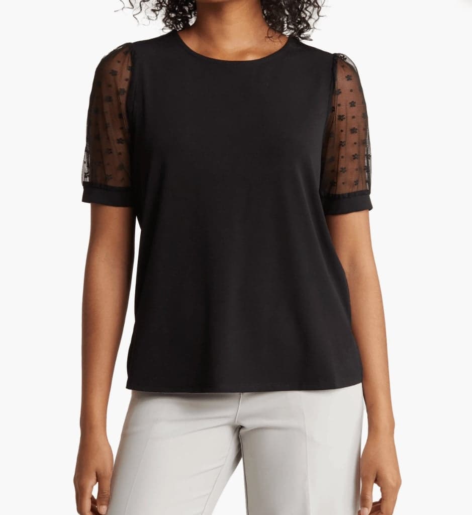 Adrianna Papell Black Mesh Short Sleeve Clip Dot Blouse Sz M $70 - Image 1