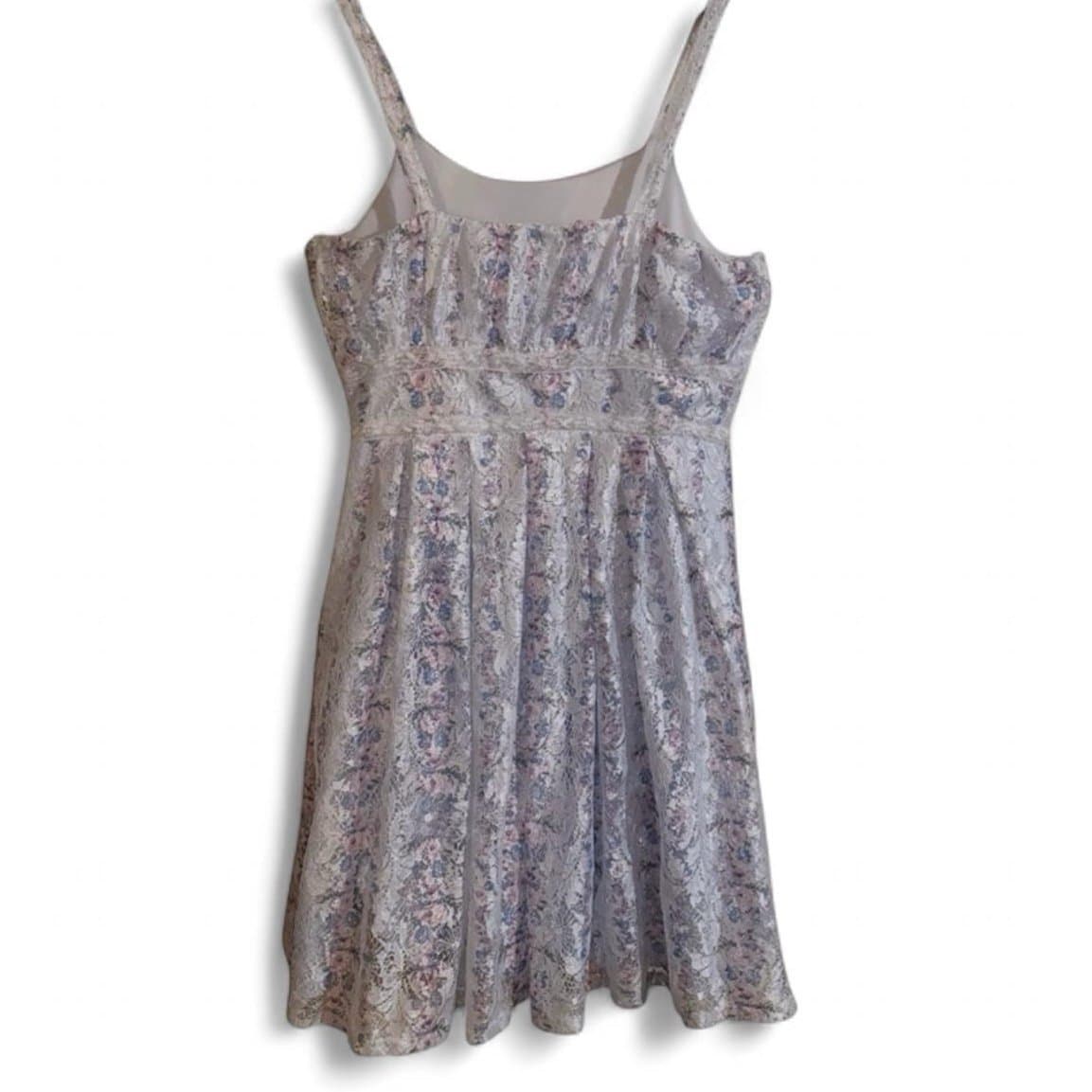 KNITWORKS Baby Blue & Pink Floral Sleeveless Shirred Lace Trim Mini Dress XL - Thumbnail 3