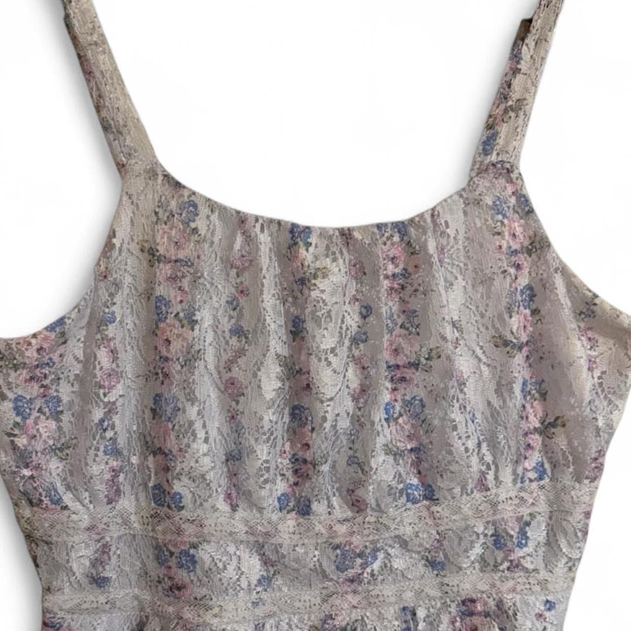 KNITWORKS Baby Blue & Pink Floral Sleeveless Shirred Lace Trim Mini Dress XL - Thumbnail 2