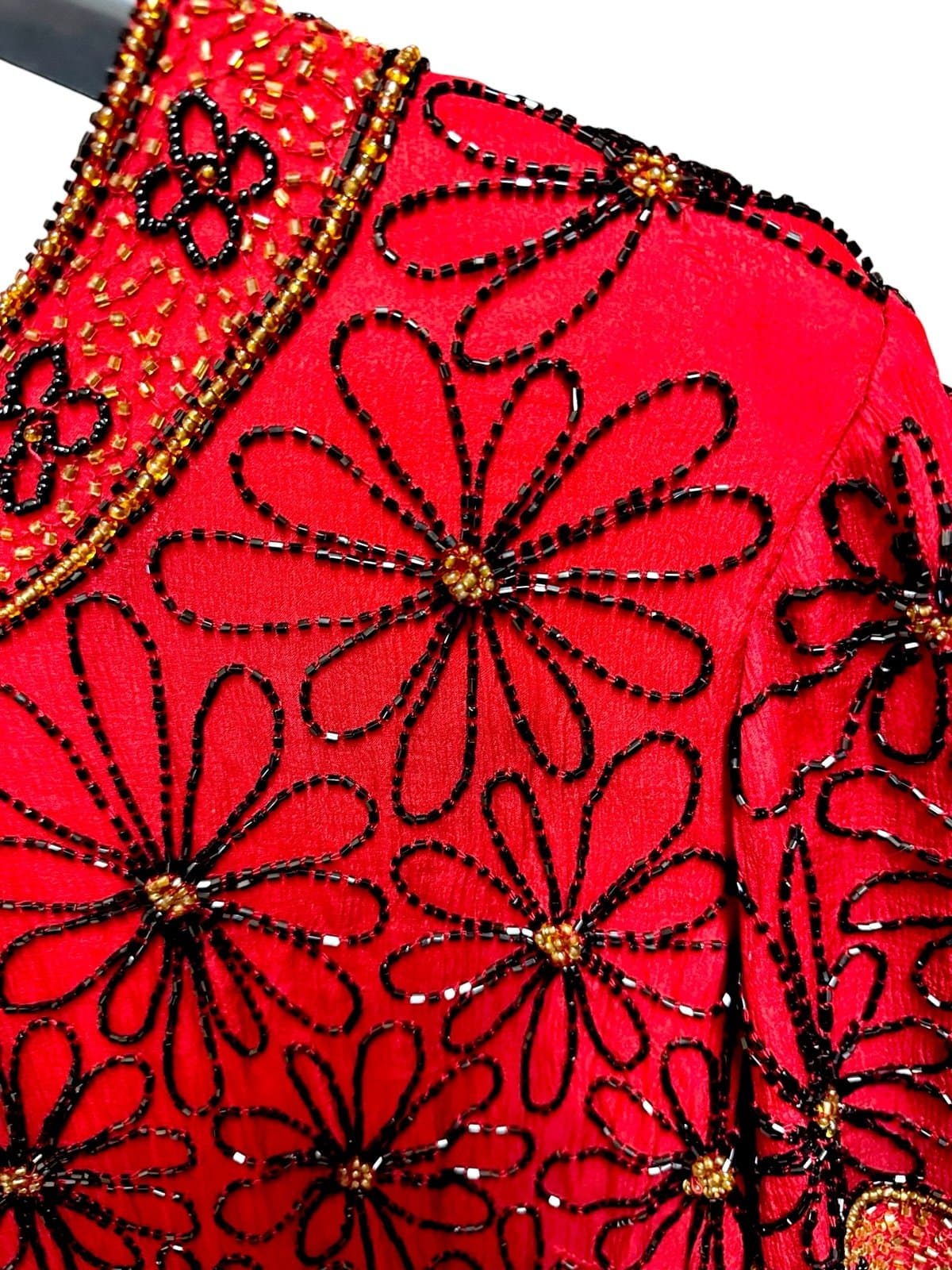 PAPELL Boutique Evening 90’s Red Silk Heavily Beaded & Sequins Floral Blouse 1X - Thumbnail 3