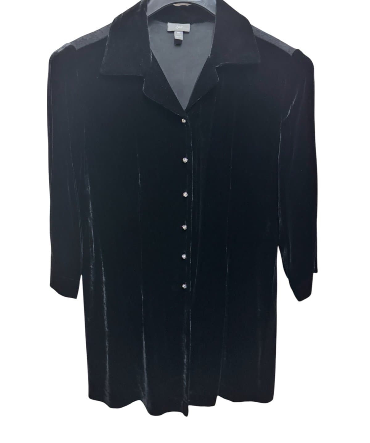 J. JILL Black Mixed Media Velvet & Lace Tunic Blouse w/Ornate Buttons Silk Sz MP - Image 1