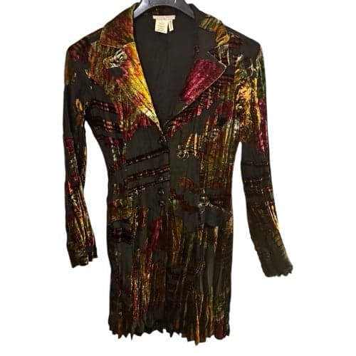 ALBERTO MAKALI Late 90s Black Floral Paisley Crushed Velvet Crinkled Duster Sz L - Thumbnail 2