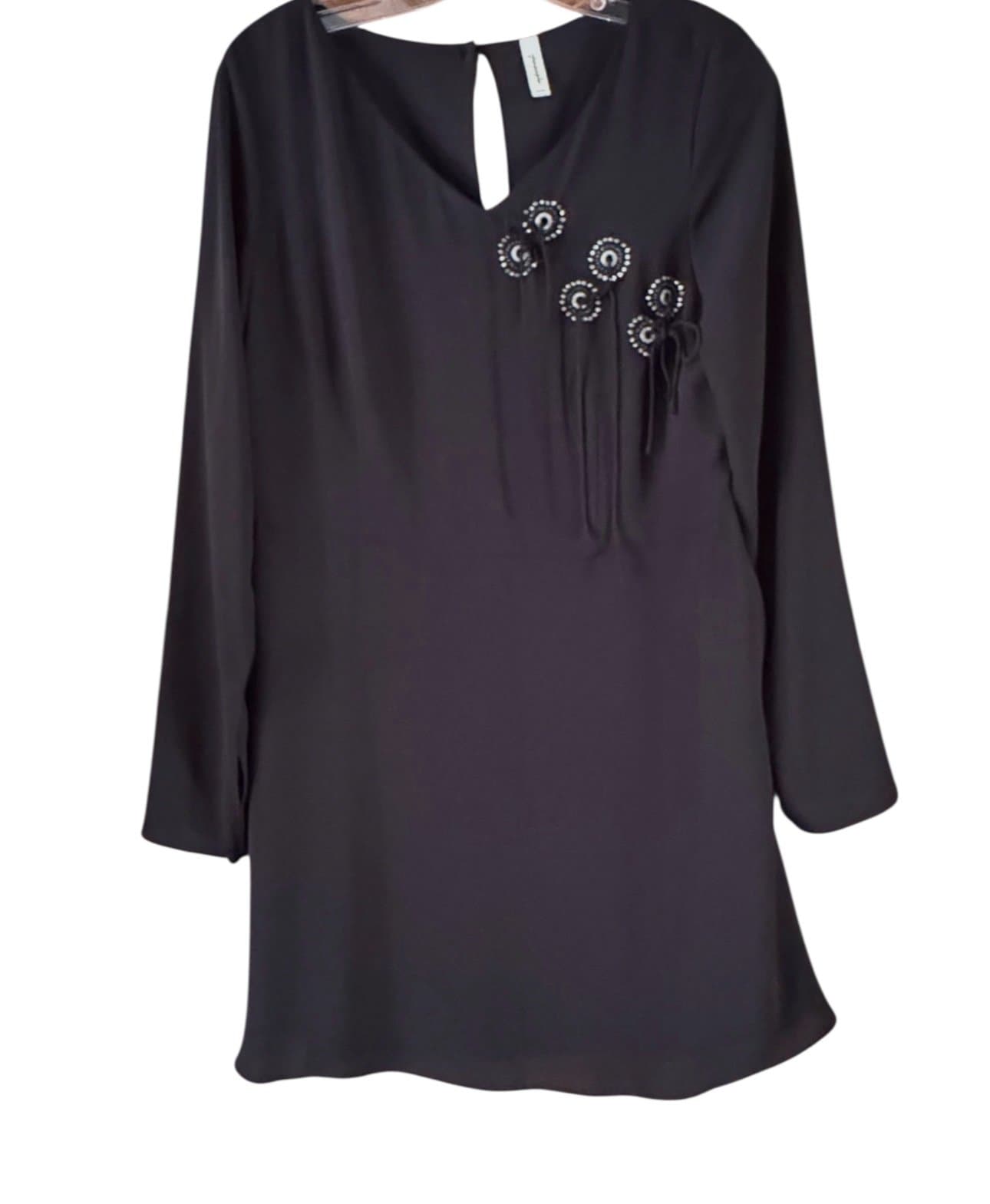 FREE PEOPLE Vintage Y2K Black Beaded Rhinestone Long Sleeve Mini Dress Sz 12 NEW