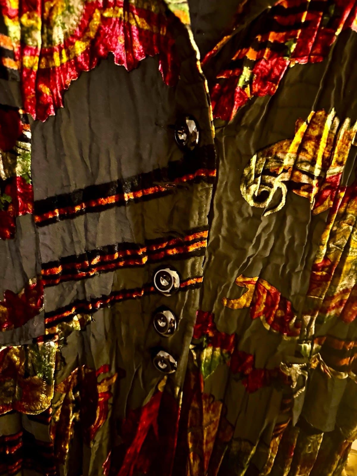 ALBERTO MAKALI Late 90s Black Floral Paisley Crushed Velvet Crinkled Duster Sz L - Thumbnail 3