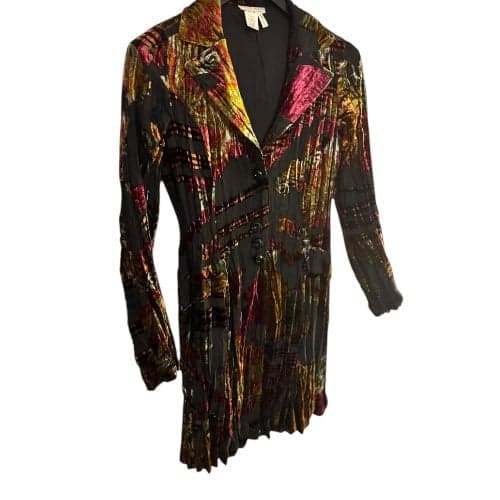 ALBERTO MAKALI Late 90s Black Floral Paisley Crushed Velvet Crinkled Duster Sz L - Image 1