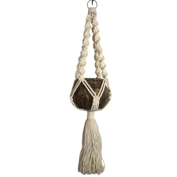 1970’s Handmade 3’ Braided Macrame Plant Hanger w/Spotted Ceramic Pot - Image 1