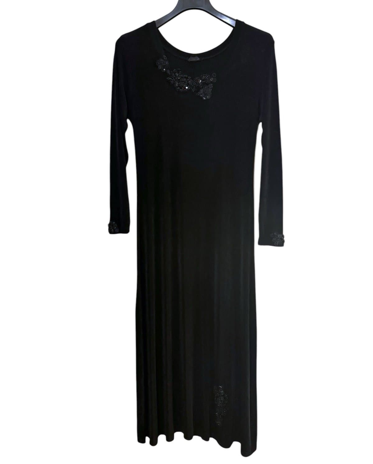 FIORE USA 90’s Black Slinky Floral Sequin LS Maxi Dress Sz L Boho Witchy Goth