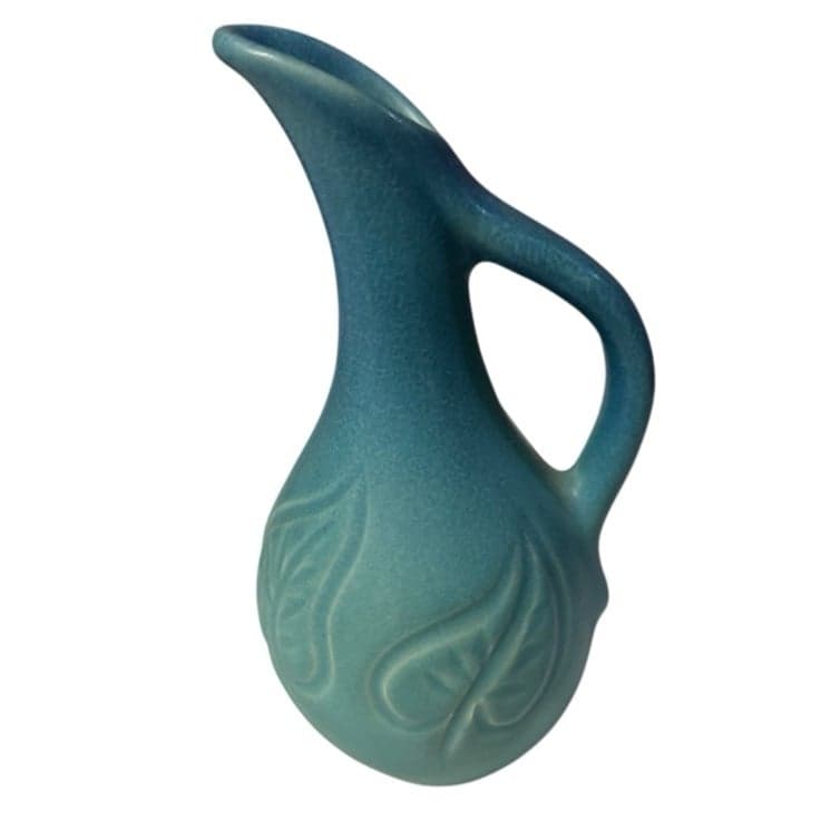 VAN BRIGGLE Turquoise Early 19th Century Ewer Pitcher Leaf Detail Hand Carved 7” - Image 1