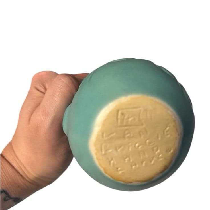 VAN BRIGGLE Turquoise Early 19th Century Ewer Pitcher Leaf Detail Hand Carved 7” - Thumbnail 6