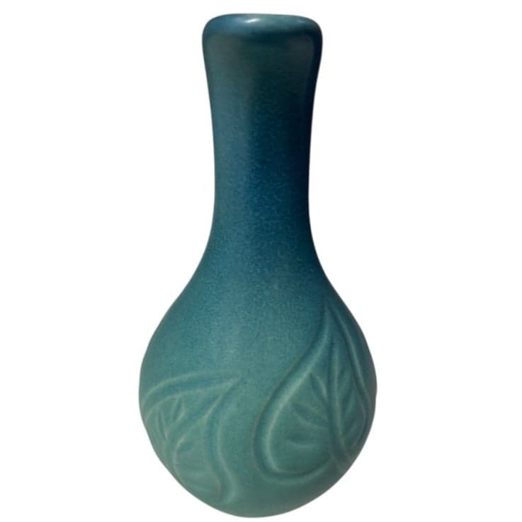 VAN BRIGGLE Turquoise Early 19th Century Ewer Pitcher Leaf Detail Hand Carved 7” - Thumbnail 2