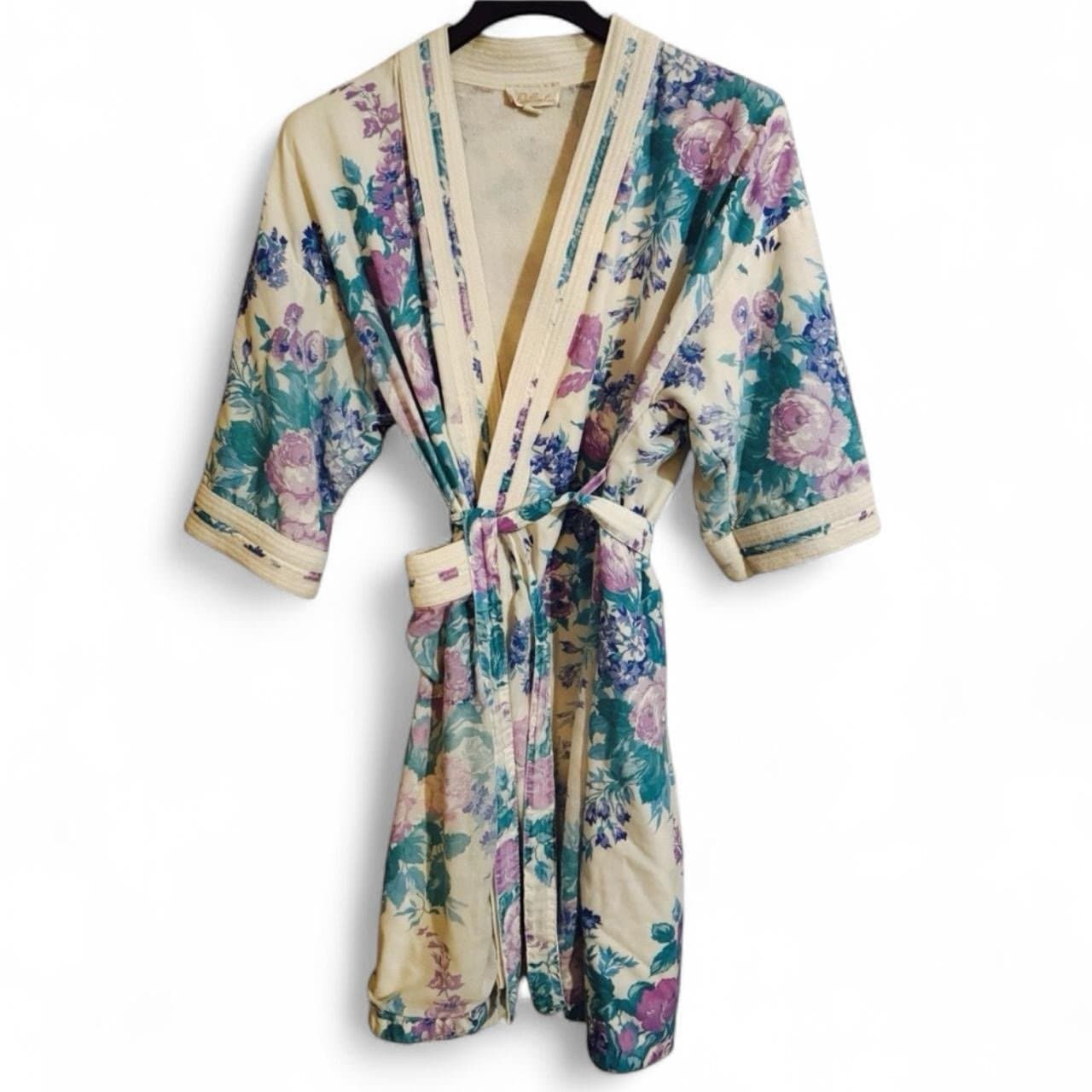 DELICATES 80’s White Purple & Blue Florals w/Terrycloth Accents Robe House Coat - Image 1