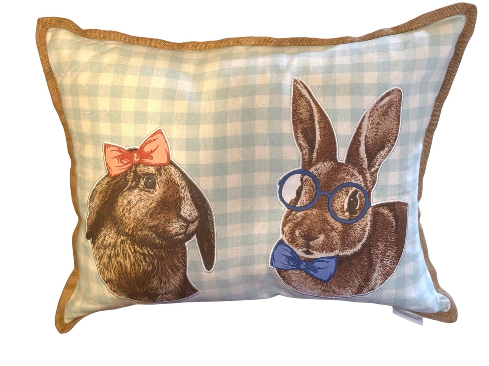 HOP AWAY HOME Blue Gingham w/Burlap Trim XL Mr & Mrs Bunny Throw Pillow 36 x 18” - Image 1