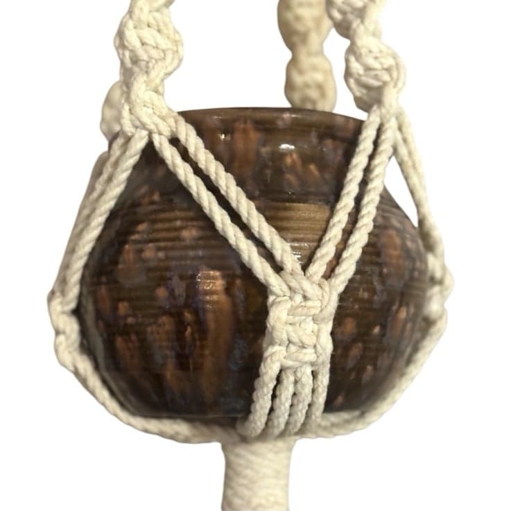 1970’s Handmade 3’ Braided Macrame Plant Hanger w/Spotted Ceramic Pot - Thumbnail 2