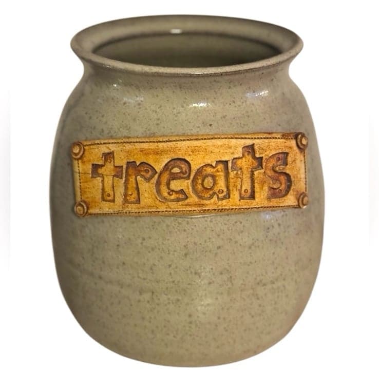 80’s Handmade Large Taupe Pottery Stoneware Dog ‘Treats’ Jar Signed - Image 1