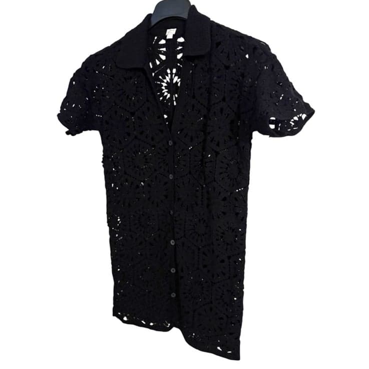 LOFT Beach Black Crochet Oversized Short Sleeve Button-Down Mini Dress Sz S $100 - Thumbnail 2