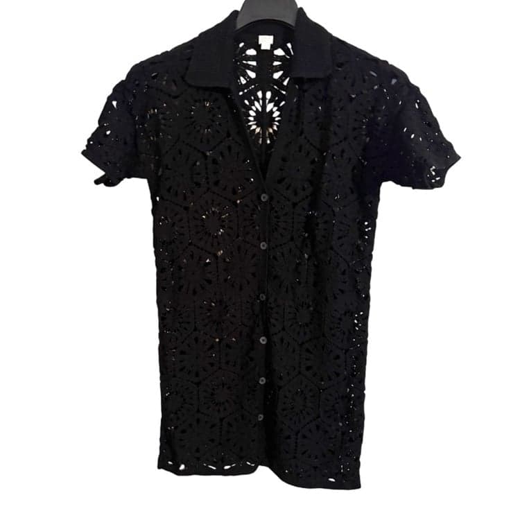 LOFT Beach Black Crochet Oversized Short Sleeve Button-Down Mini Dress Sz S $100 - Image 1