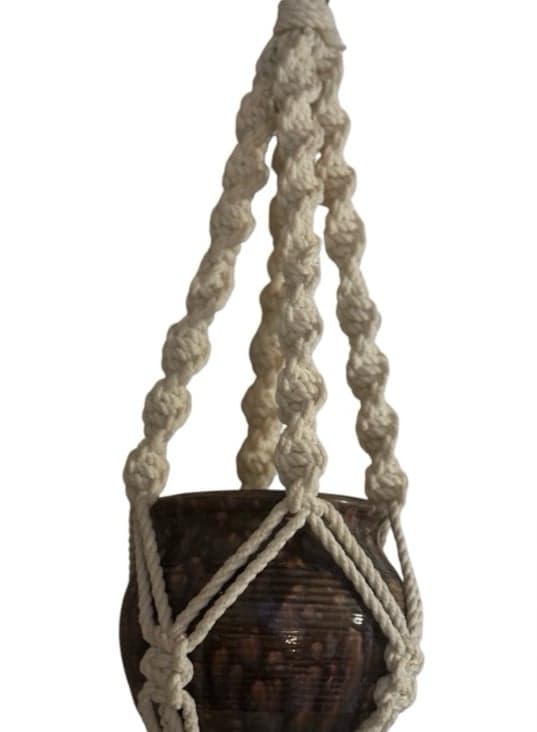 1970’s Handmade 3’ Braided Macrame Plant Hanger w/Spotted Ceramic Pot - Thumbnail 3