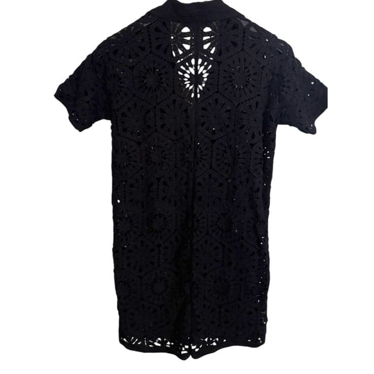 LOFT Beach Black Crochet Oversized Short Sleeve Button-Down Mini Dress Sz S $100 - Thumbnail 3