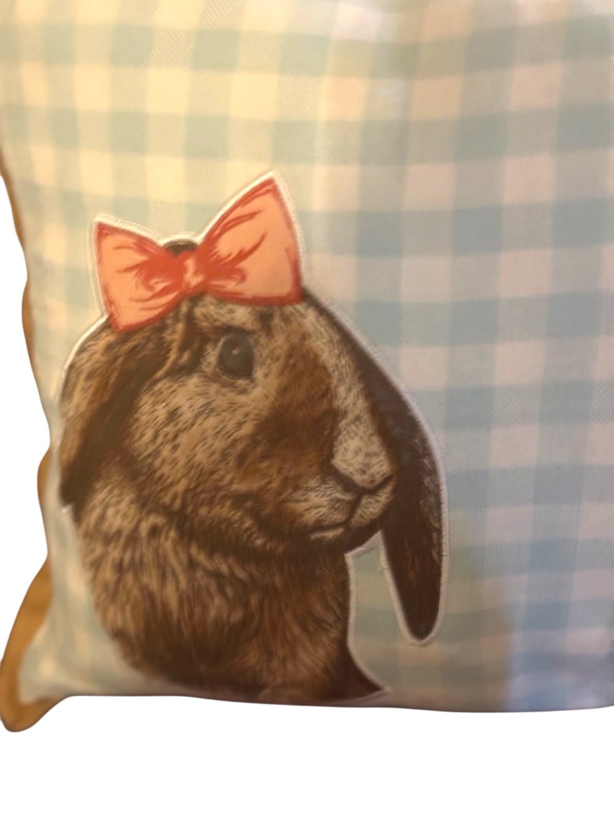 HOP AWAY HOME Blue Gingham w/Burlap Trim XL Mr & Mrs Bunny Throw Pillow 36 x 18” - Thumbnail 3