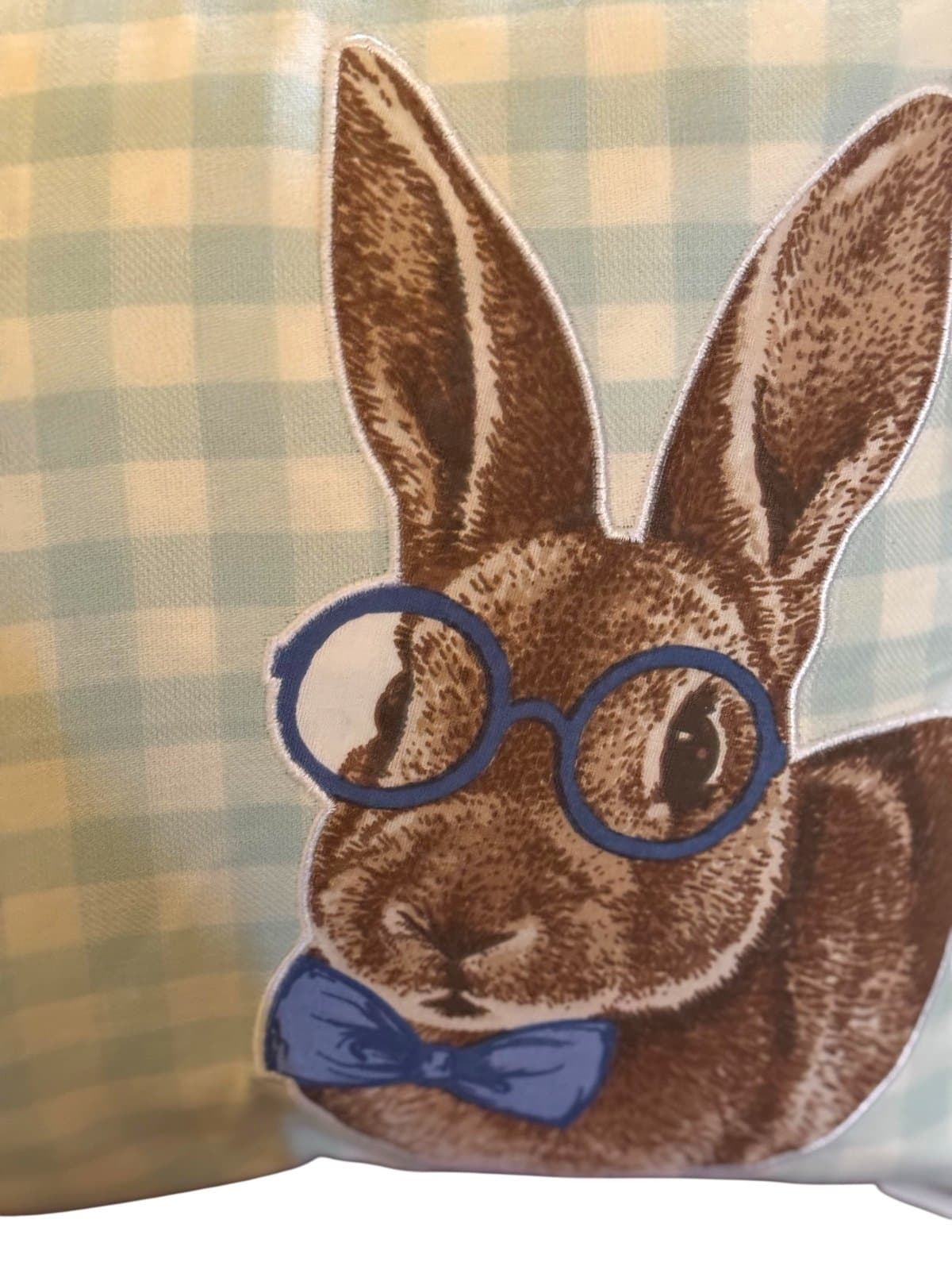 HOP AWAY HOME Blue Gingham w/Burlap Trim XL Mr & Mrs Bunny Throw Pillow 36 x 18” - Thumbnail 2