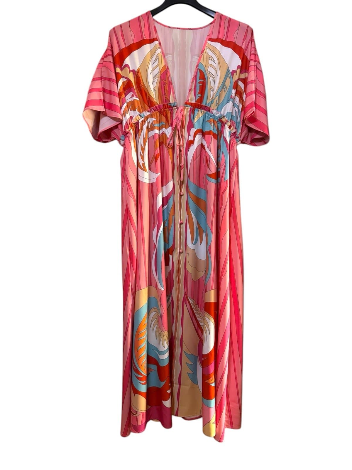 Nova Shop Pink Multi Psychadelic V-Neck Button-Down Maxi Dress Cover-up Sz XXL - Thumbnail 2