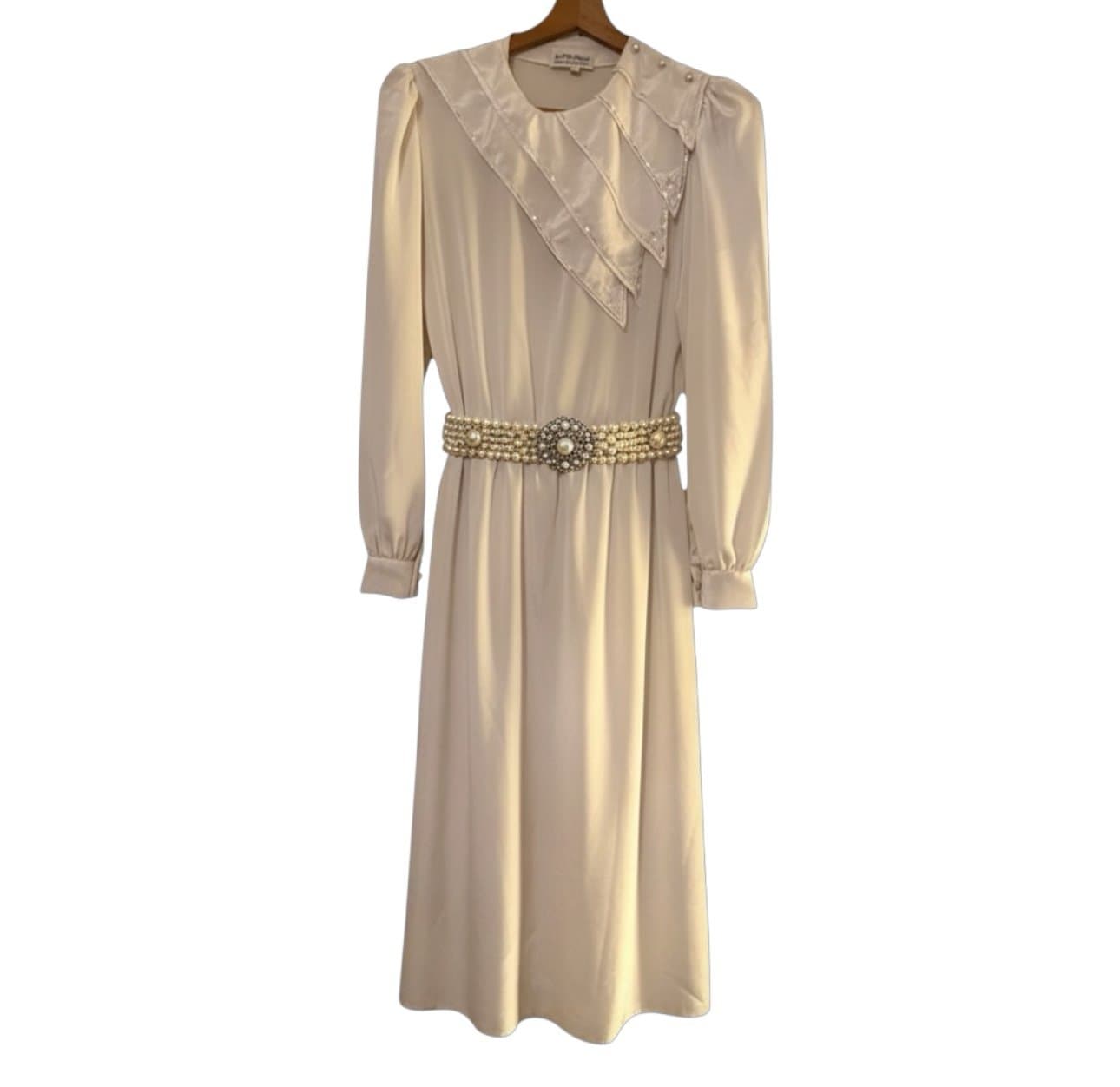 IN THE MOOD 80s Ivory LS Midi Shift Dress w/Sequins Embroidery & Pearls Sz 12 - Thumbnail 2