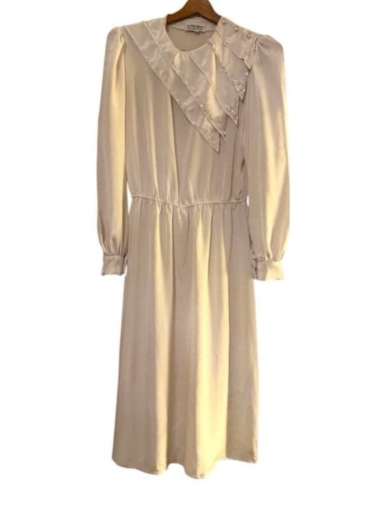 IN THE MOOD 80s Ivory LS Midi Shift Dress w/Sequins Embroidery & Pearls Sz 12 - Thumbnail 3