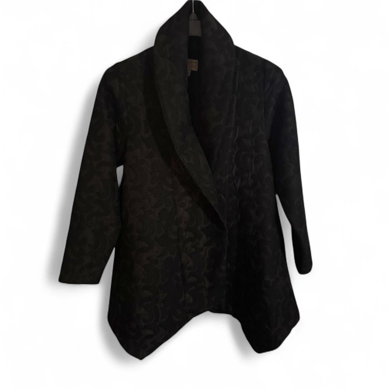HABITAT Black Jacquard Shawl Collar Oversized Winter Coat Asymmetrical Hem Sz S - Image 1