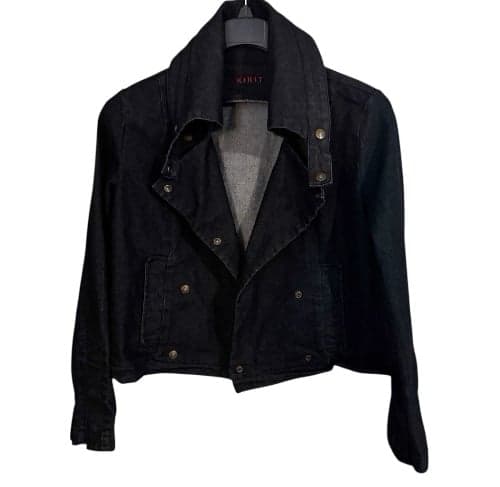 KIKIT Y2K Dark Blue Denim Cropped Peacoat Swing Jean Jacket Sz L - Thumbnail 2