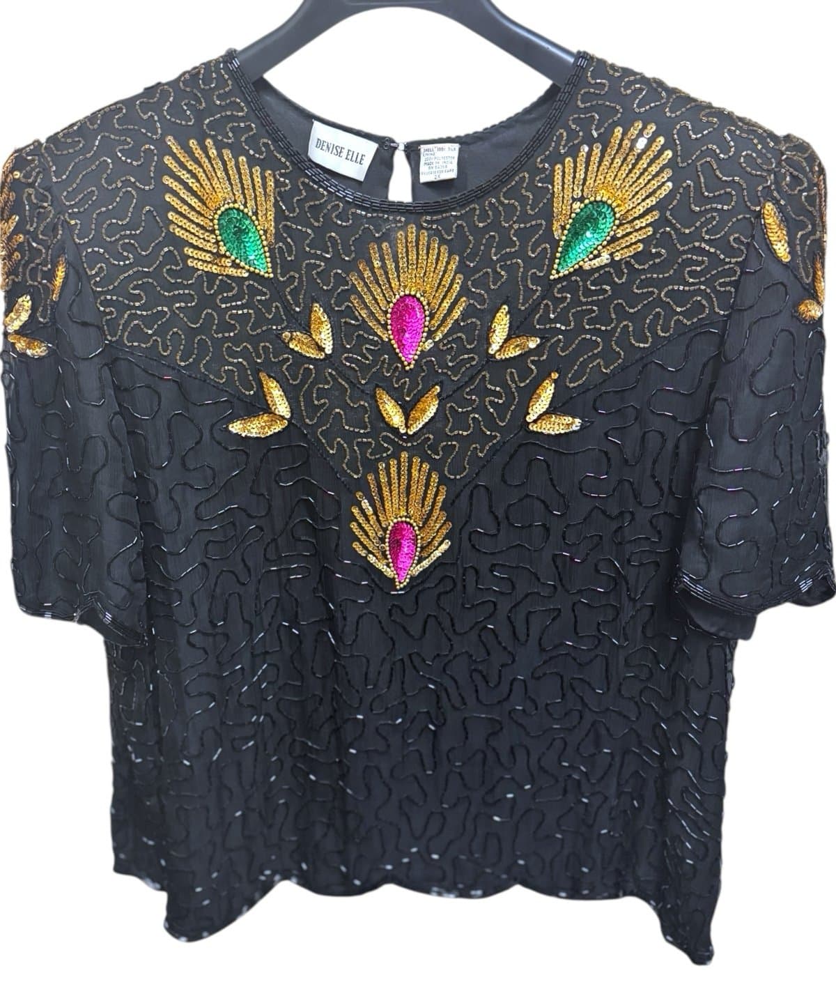 DENISE ELLE 80’s Black Silk Peacock Beaded & Sequined Cocktail Formal Blouse 2X - Image 1