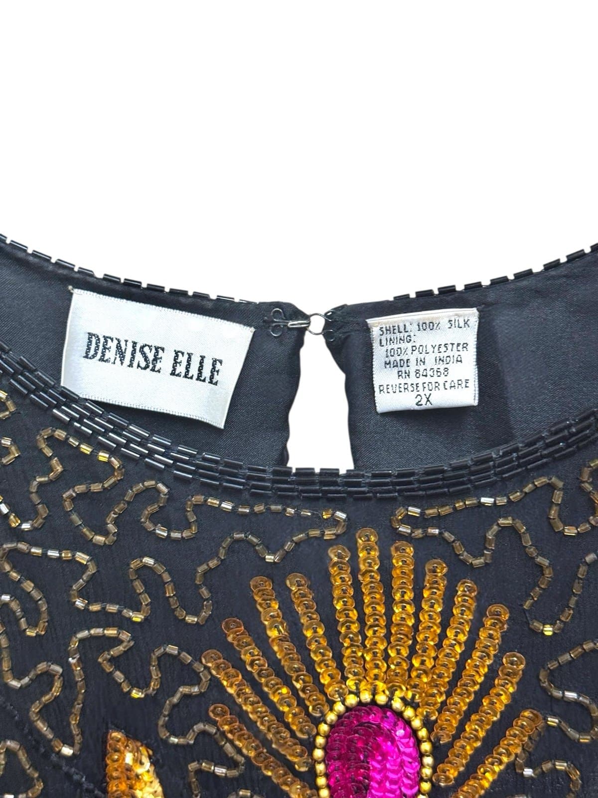 DENISE ELLE 80’s Black Silk Peacock Beaded & Sequined Cocktail Formal Blouse 2X - Thumbnail 4