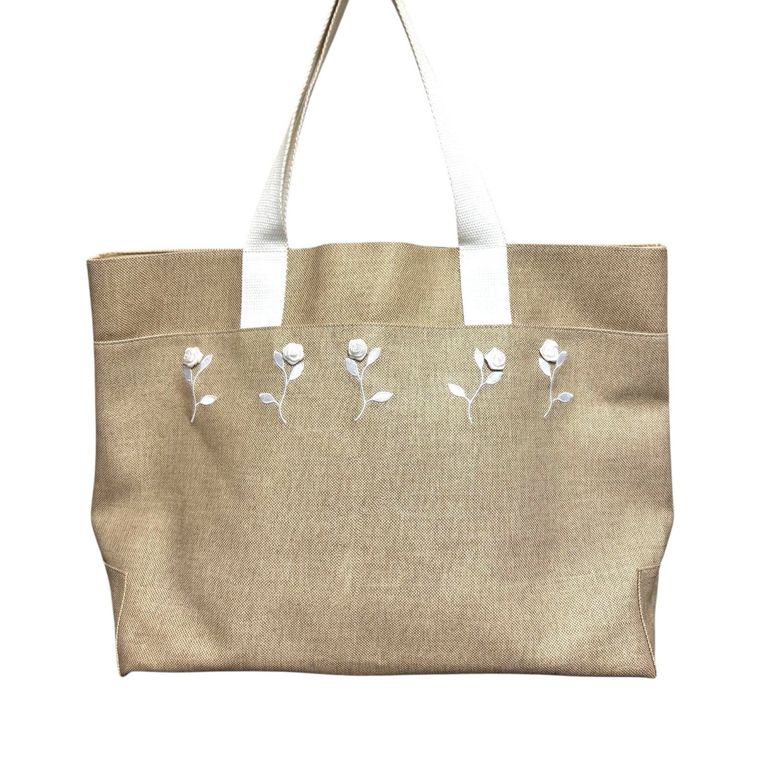 Dillard’s Y2K Tan Coated Fiber Tote Bag w/White Rose Embroidery Canvas Handles - Image 1