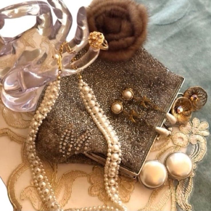 1940-1980 Vintage Branded Costume Jewelry Lot w/Silver Seed Bead Evening Bag - Image 1