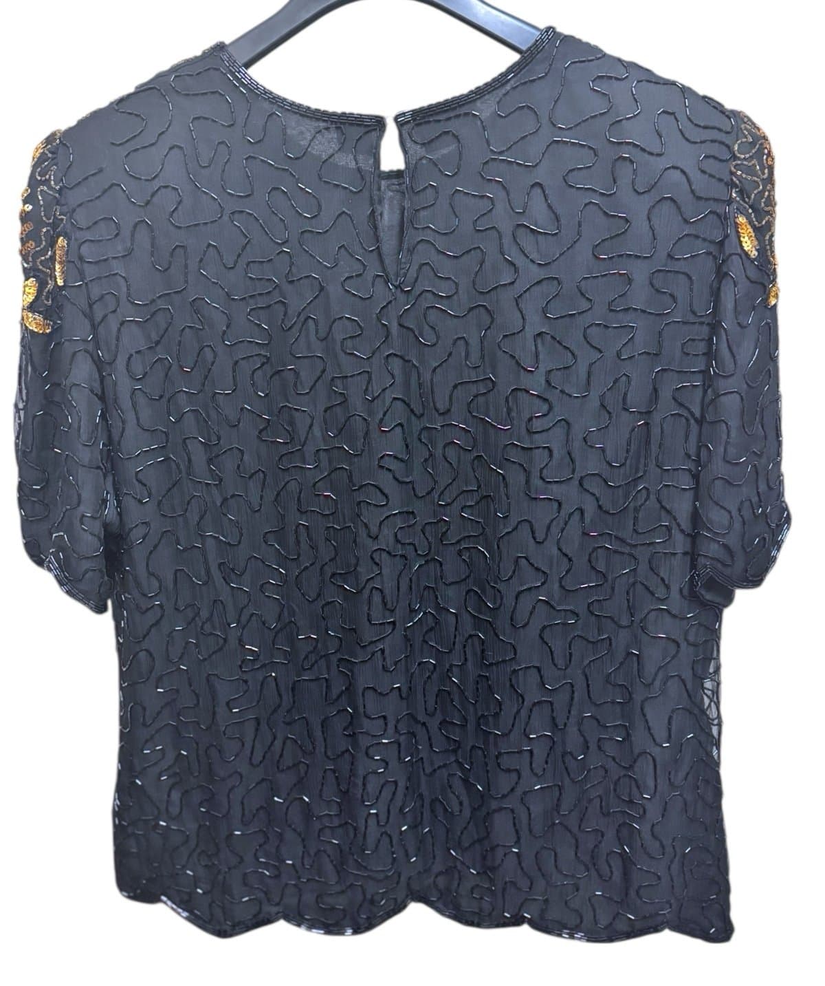 DENISE ELLE 80’s Black Silk Peacock Beaded & Sequined Cocktail Formal Blouse 2X - Thumbnail 3