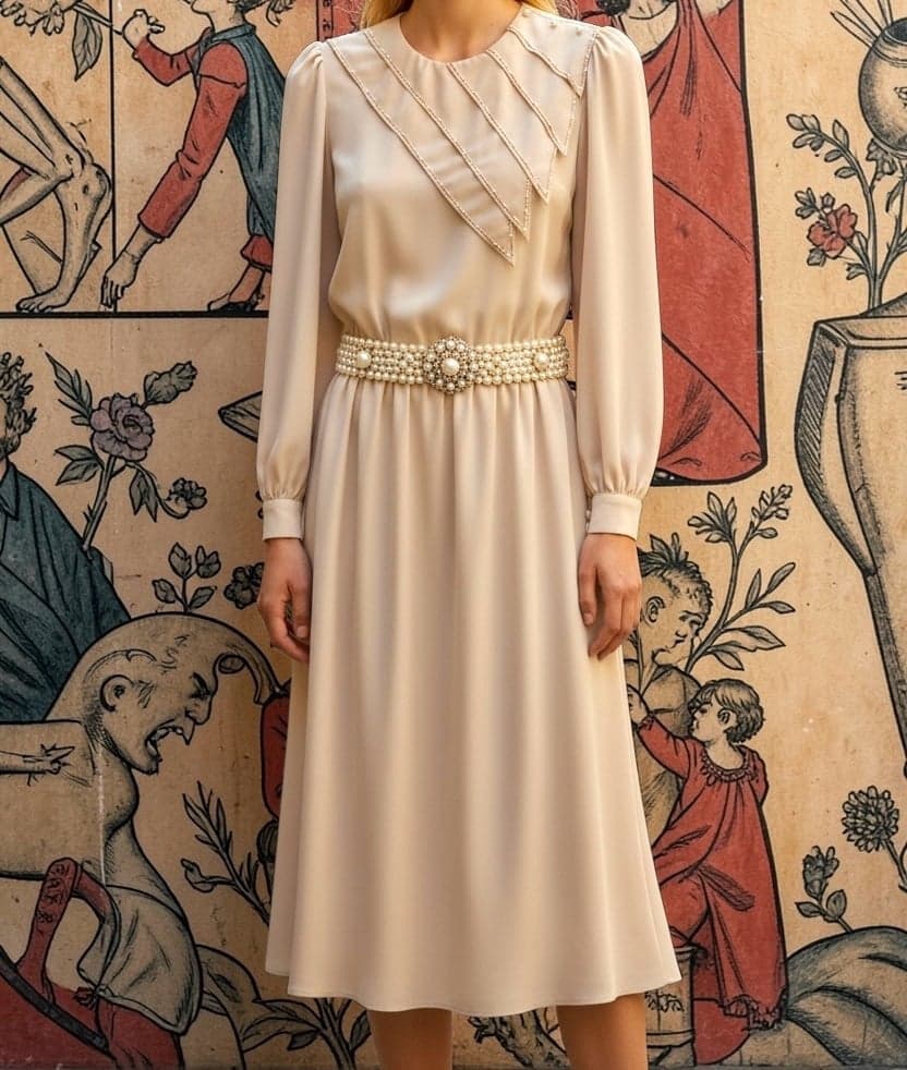 IN THE MOOD 80s Ivory LS Midi Shift Dress w/Sequins Embroidery & Pearls Sz 12 - Image 1