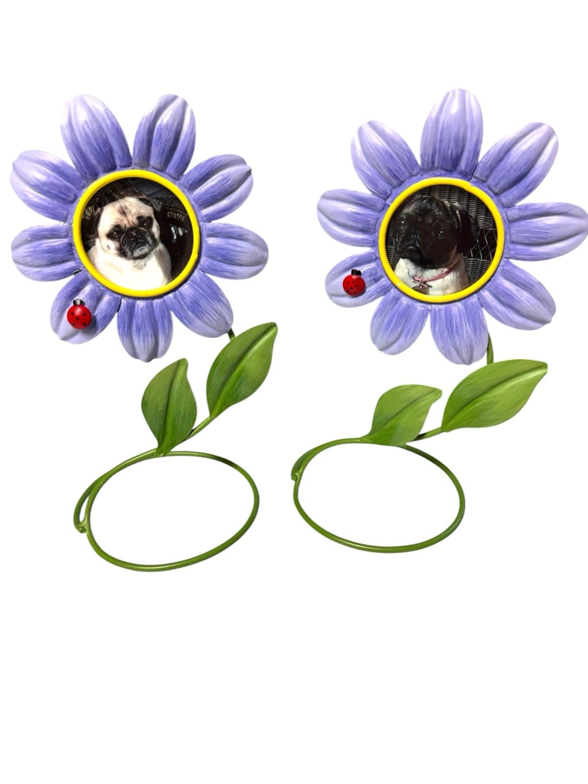 2 Late 90’s Purple Flower Metal Photo Frames w/Ladybugs 9” Spring - Image 1