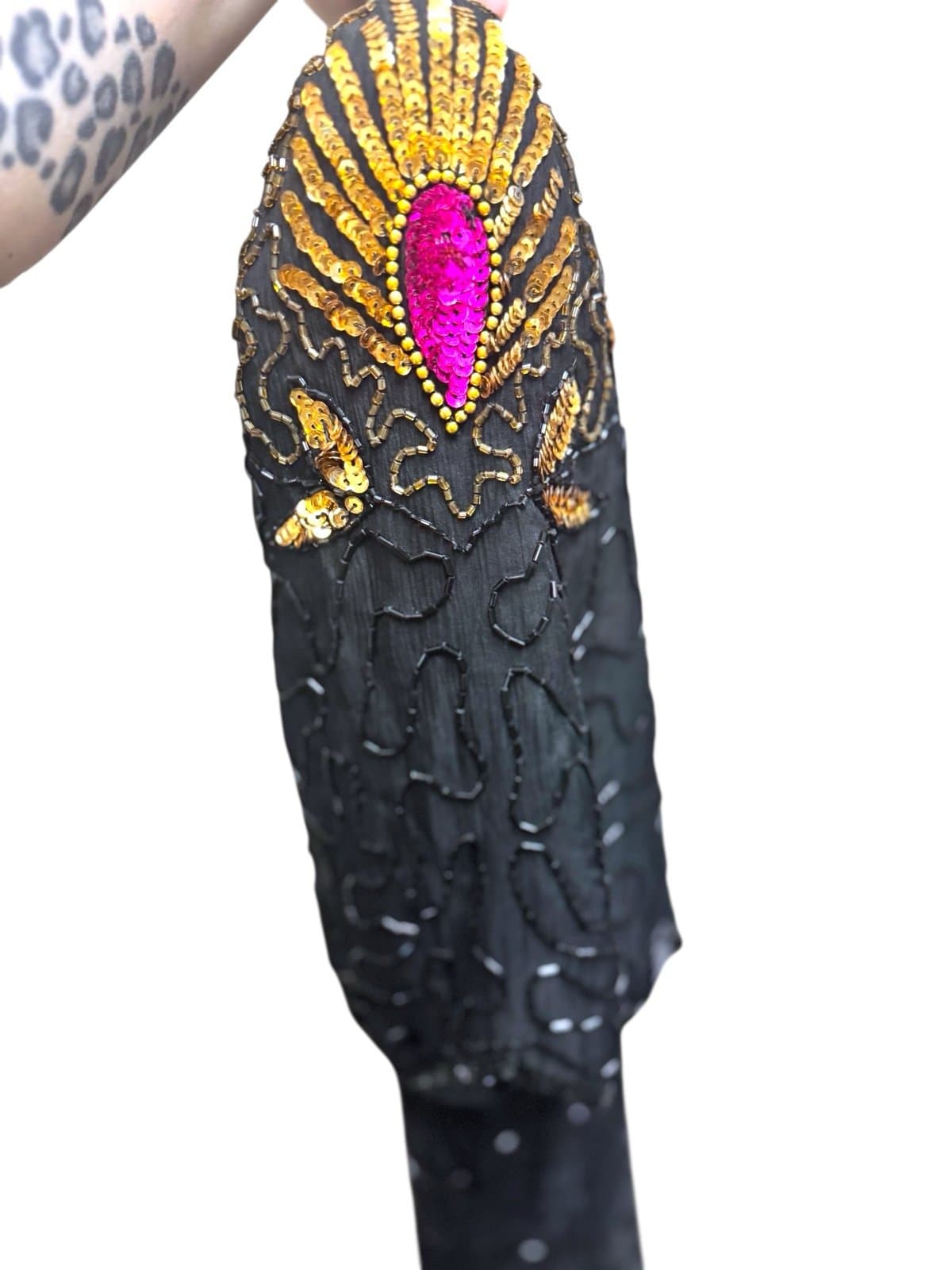 DENISE ELLE 80’s Black Silk Peacock Beaded & Sequined Cocktail Formal Blouse 2X - Thumbnail 2