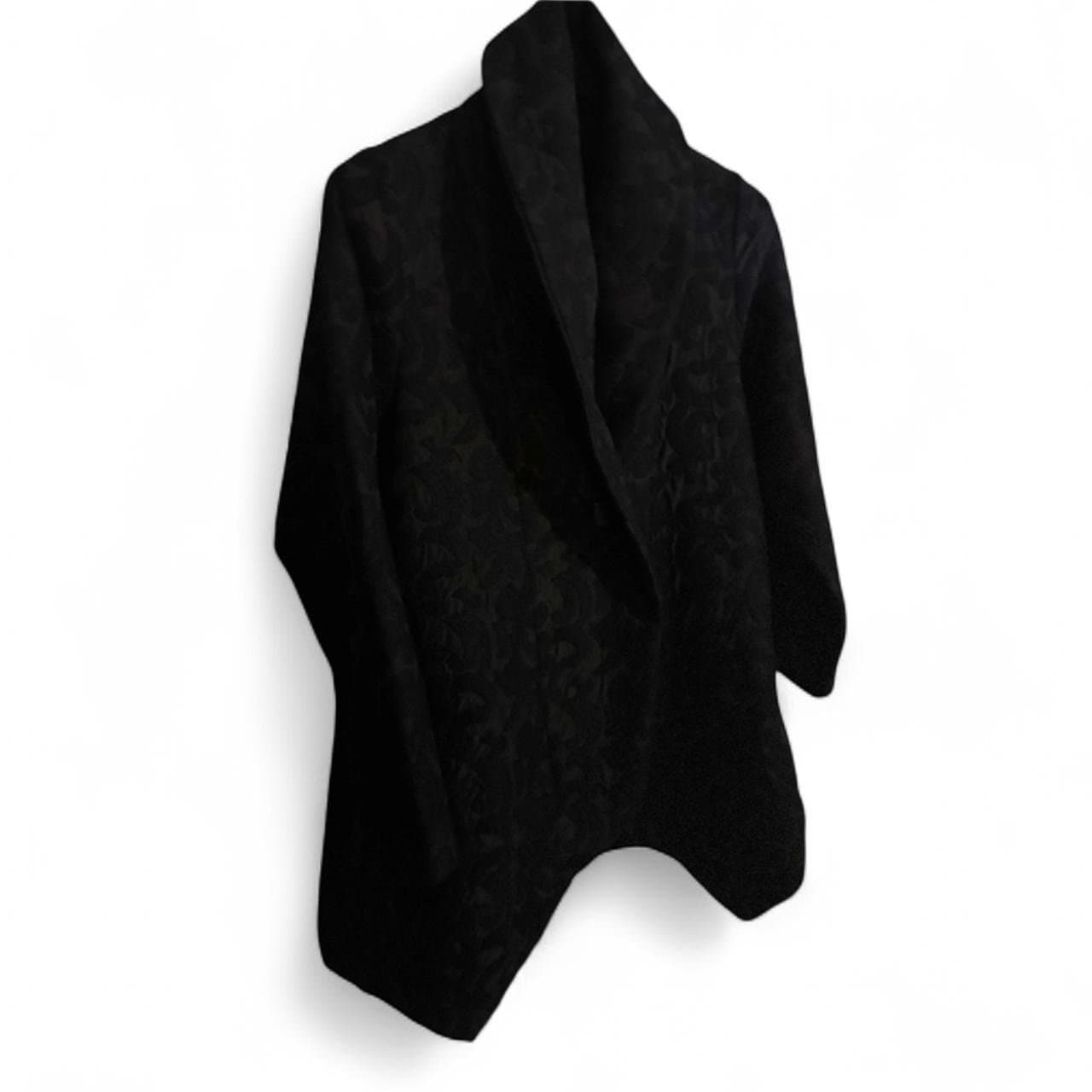 HABITAT Black Jacquard Shawl Collar Oversized Winter Coat Asymmetrical Hem Sz S - Thumbnail 2