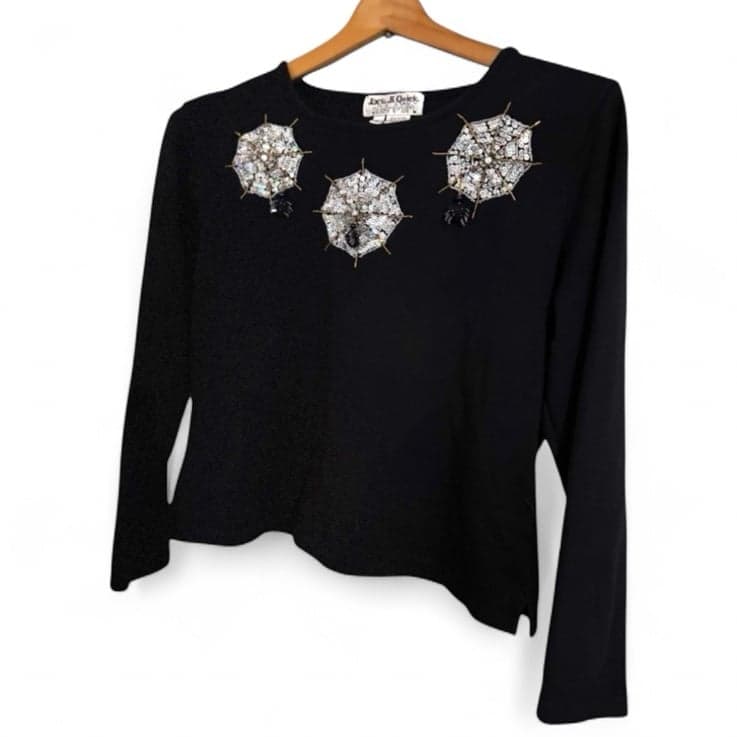 JACK B. QUICK Y2K Black Cotton LS Metallic Sequin & Beaded Spider Web Top Sz M - Thumbnail 3