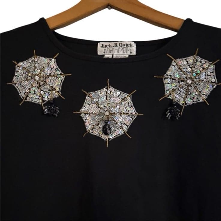 JACK B. QUICK Y2K Black Cotton LS Metallic Sequin & Beaded Spider Web Top Sz M - Thumbnail 2