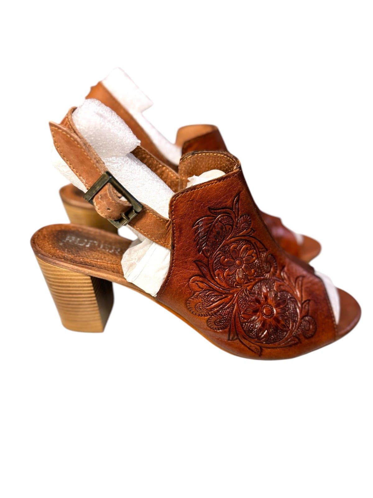 ROPER Brown Mika Tooled Leather Floral Block Heel Peep Toe Sandals Sz 10.5 $90 - Thumbnail 3