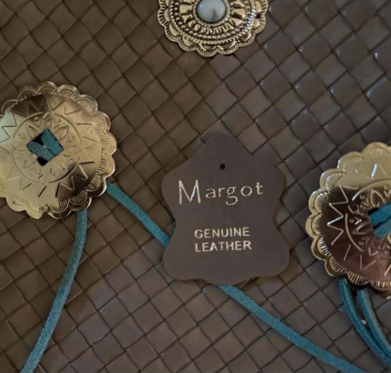 MARGOT 90’s Gray Woven Leather Concho Western Turquoise Square Crossbody Bag NEW - Thumbnail 5