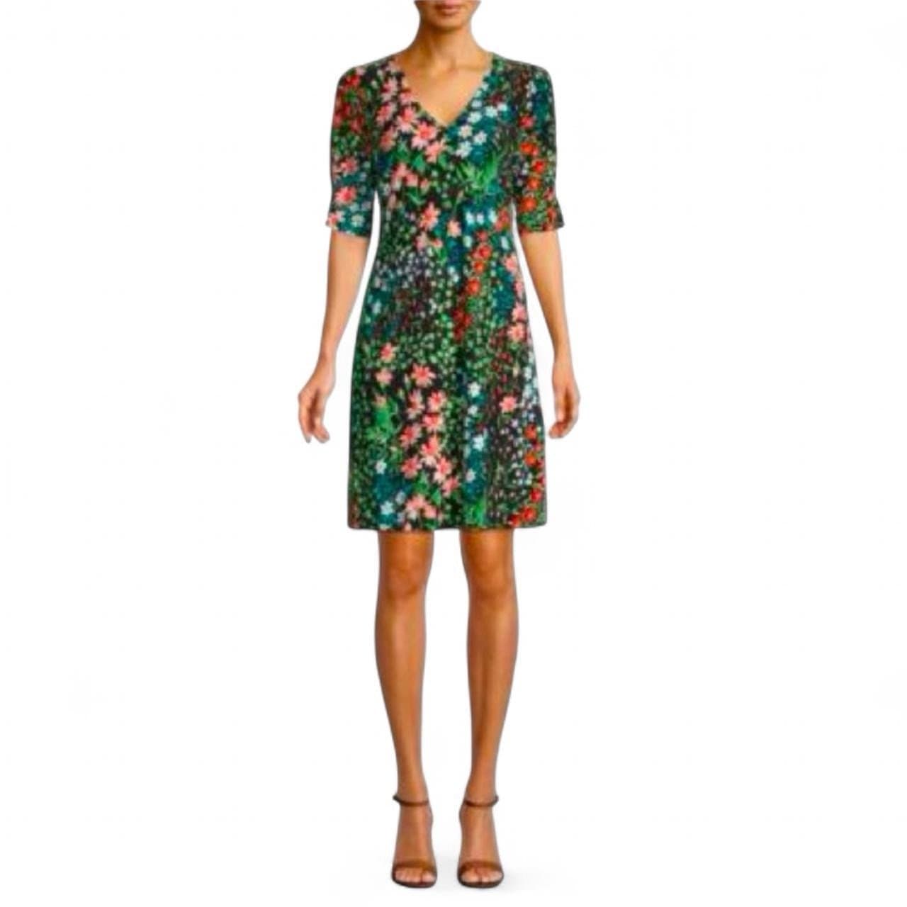 TOMMY HILFIGER Black Multicolored Garden Path Half Sleeve Shift Dress Sz 6 $99