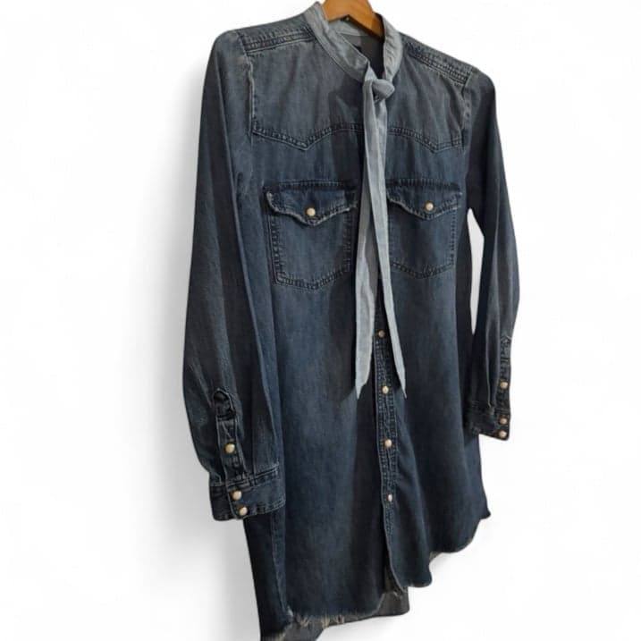 LUCKY BRAND Ballard LS Denim Western Shirt Mini Dress w/Bow Sz M $99 - Thumbnail 2