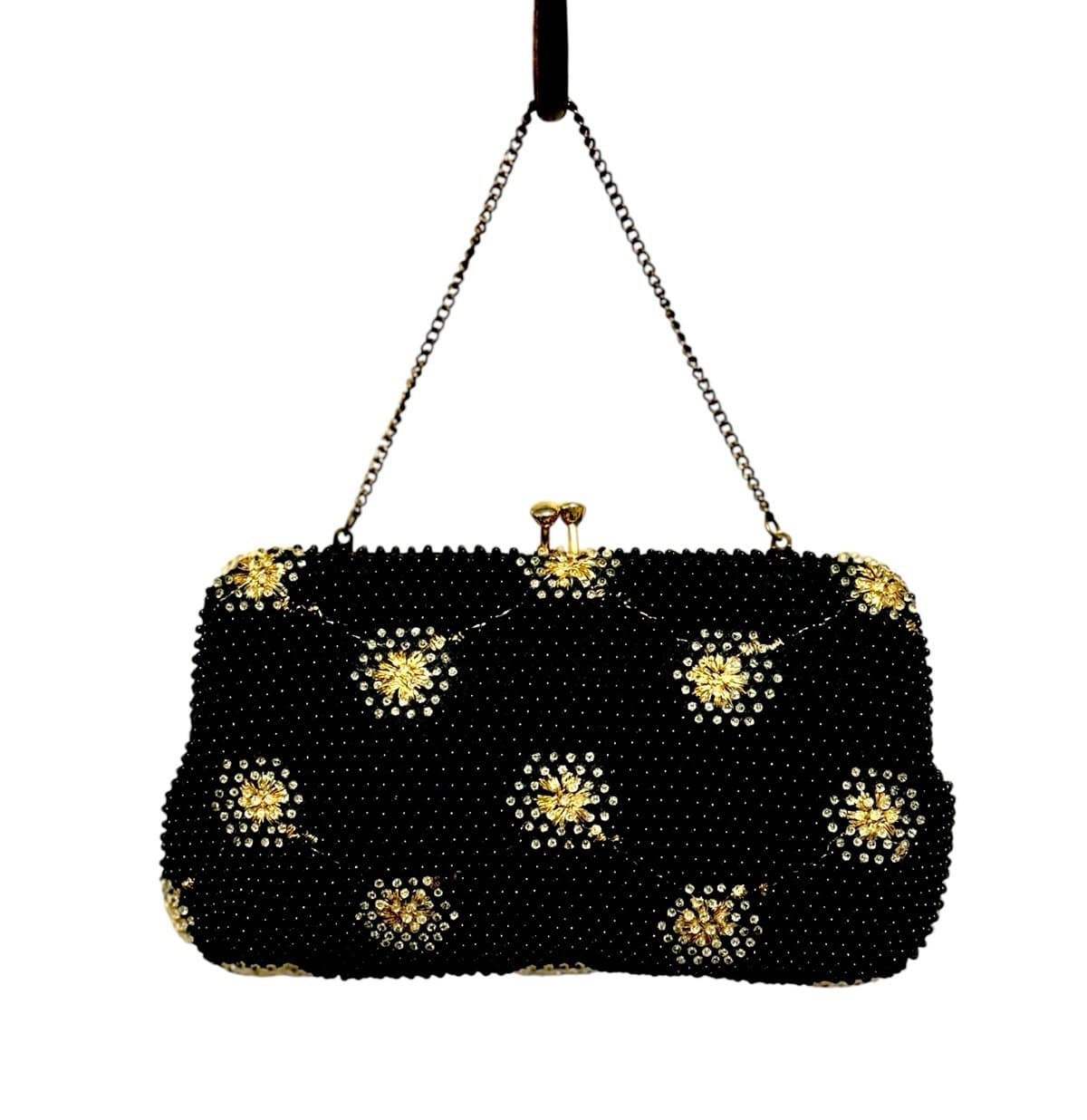 Lumured Corde Bead 50’s Black/Gold Floral Embroidered Rhinestone Evening Bag