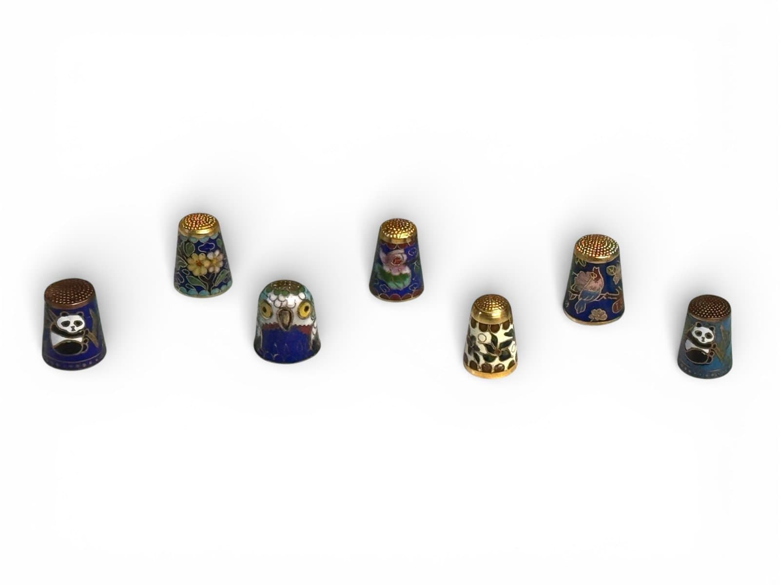 7 Pc Lot Vintage 1960’s-80’s Cloisonné Enameled Brass Thimbles Animals Florals