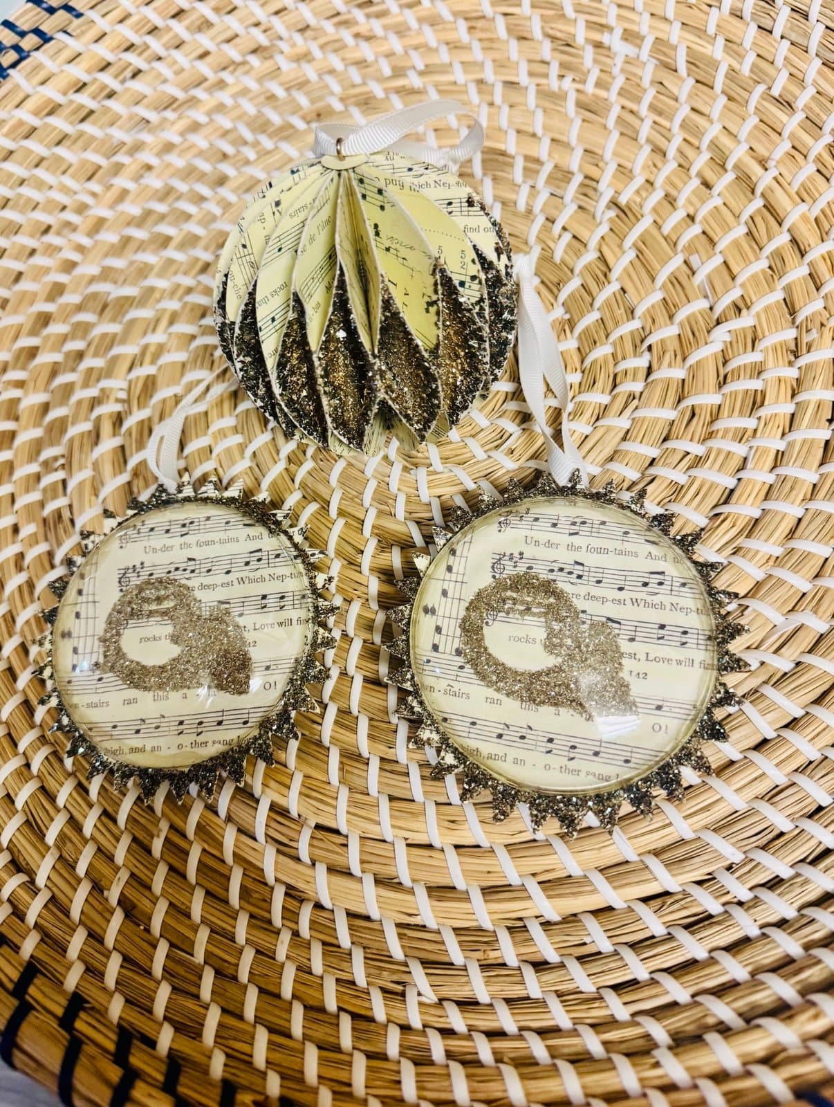 Pottery Barn 3 Pc Music Notes German Glitter Glass Domed Christmas Ornaments