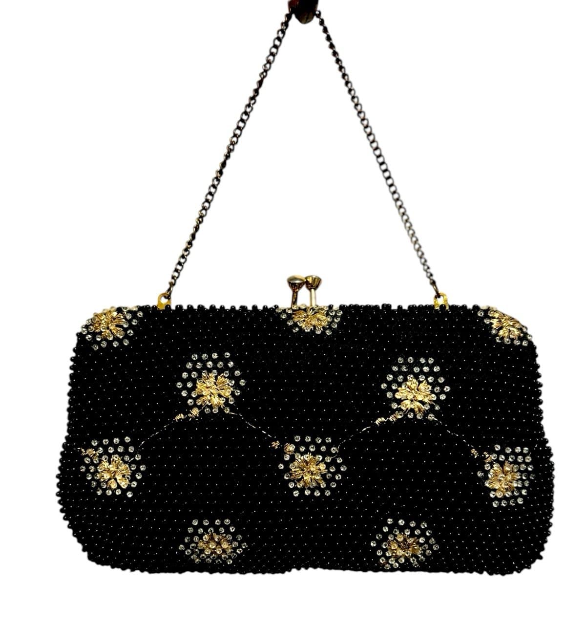 Lumured Corde Bead 50’s Black/Gold Floral Embroidered Rhinestone Evening Bag - Thumbnail 3