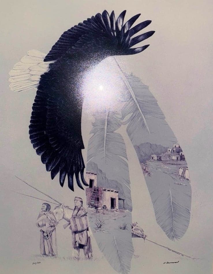 DICK BRAMWELL 1994 Eagle Hopi Native American Pencil Drawing Signed Framed - Thumbnail 2